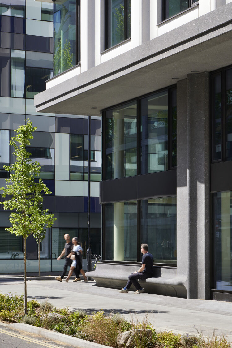 Landscaped seating at street level outside Network
