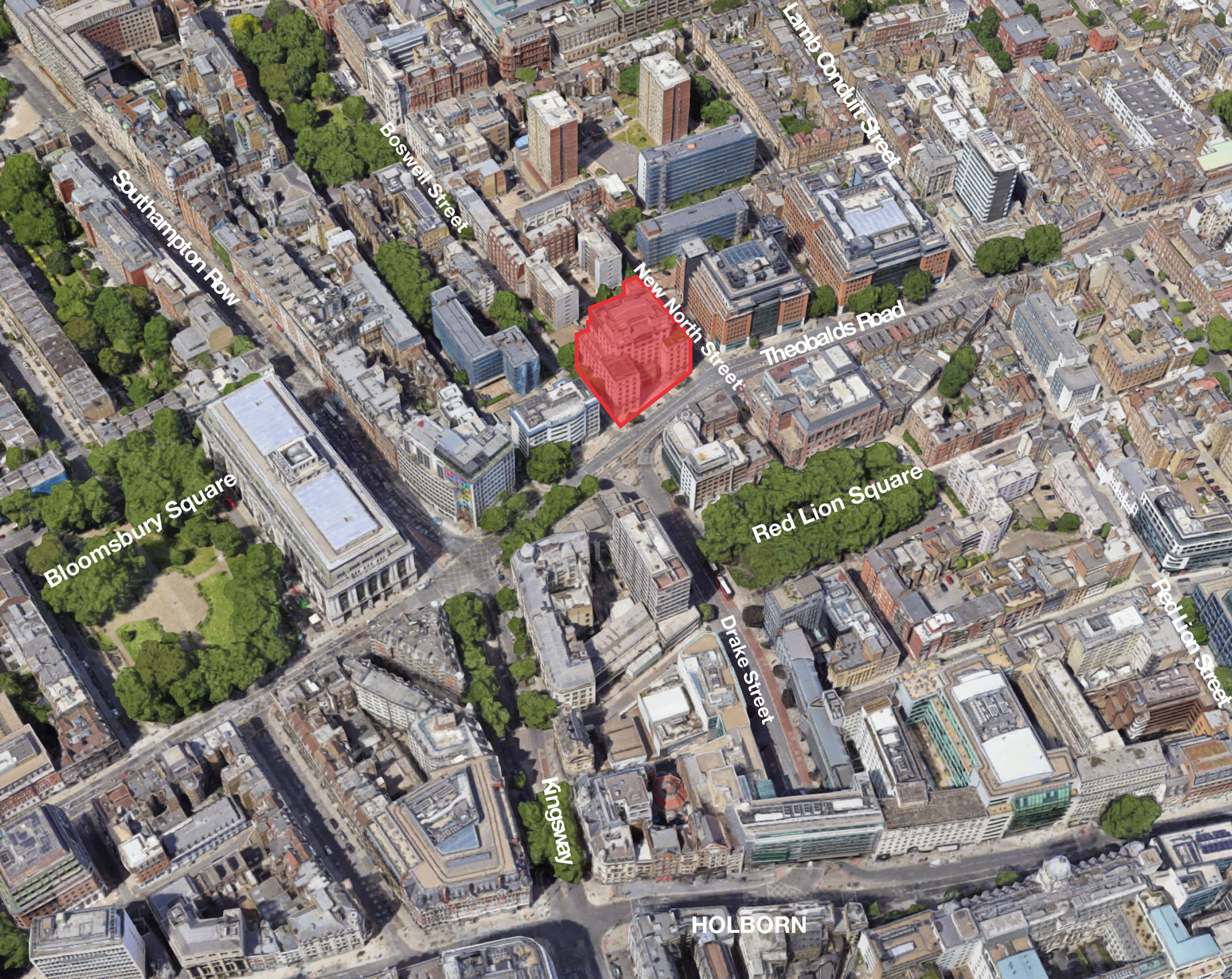 Red-line site plan for 124 Theobalds Road, Camden.